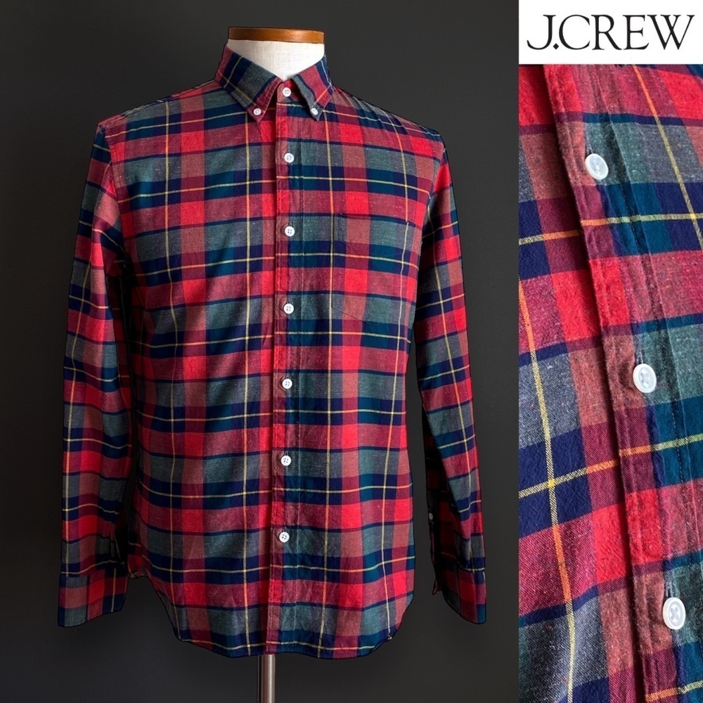 J. Crew Albiate Milano Men's Red Navy Plaid Button-Down Shirt Flannel Slim M